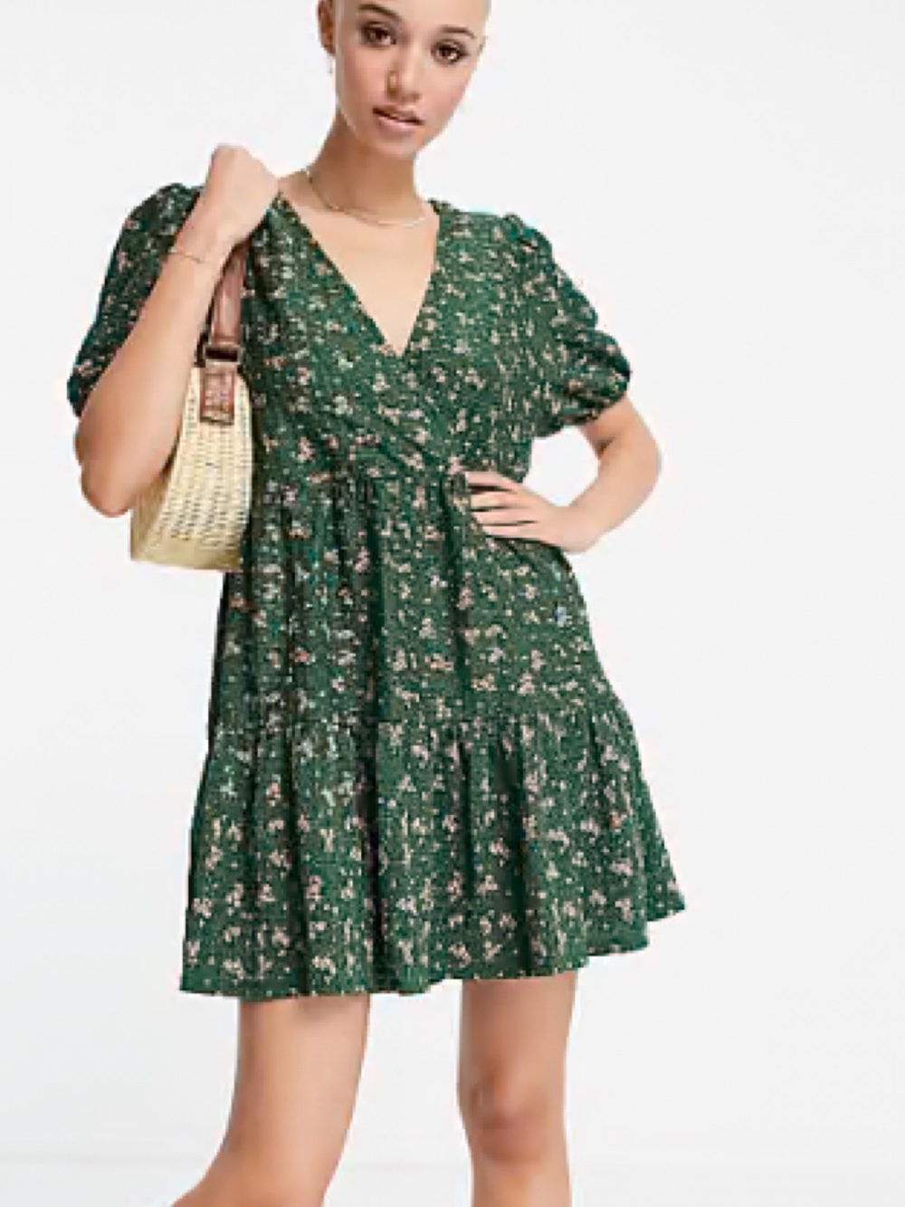 ASOS Design Textured Mini Wrap Dress With Peplum Hem in Green Floral 4 EUC Boho